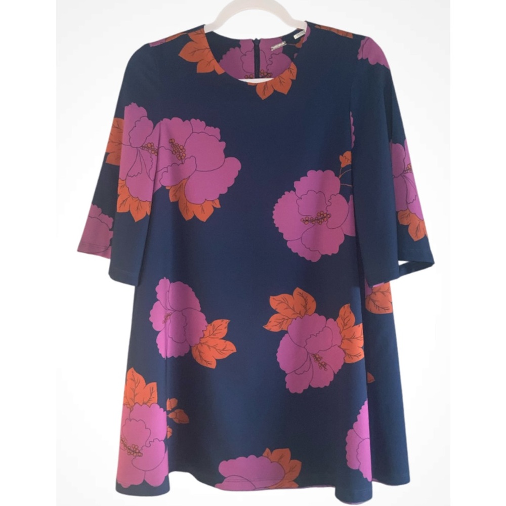 Dodo Bar Or Navy Lilac Orange Tunic Floral Design 1/2 Sleeve Contemporary M